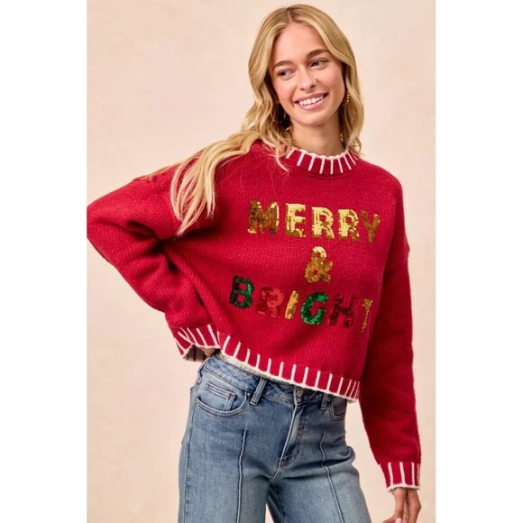 BiBi Christmas Theme Sequin Lattering Sweater NWT - Picture 3 of 16